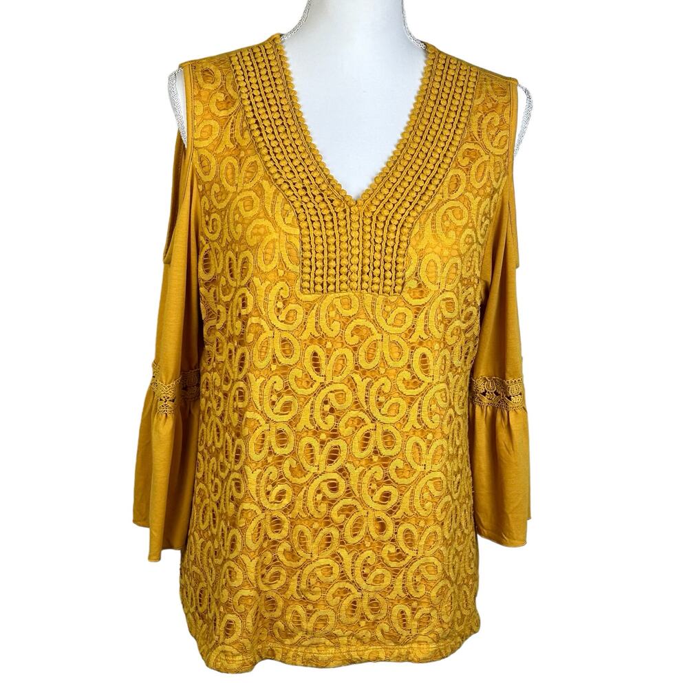 Shannon Ford Top Women XL Mustard Yellow Embroidered Lace Cold Shoulder Blouse